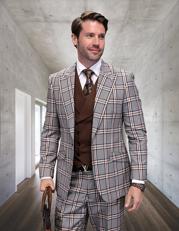 Statement Fino Tan Plaid Super 180's Italian Wool Vested Suit