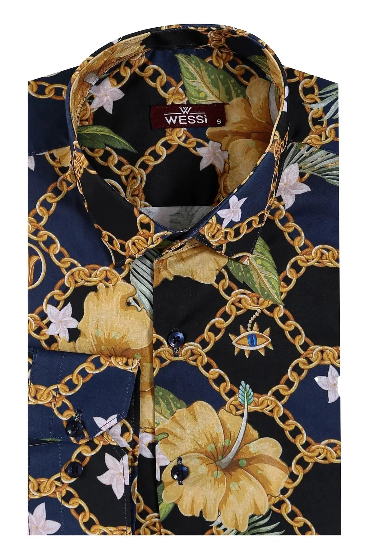 Colorful Floral Patterned Slim Fit Long Sleeves Navy Blue Men Shirt - Wessi Wessi
