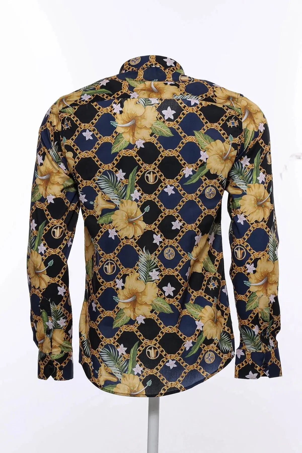 Colorful Floral Patterned Slim Fit Long Sleeves Navy Blue Men Shirt - Wessi Wessi