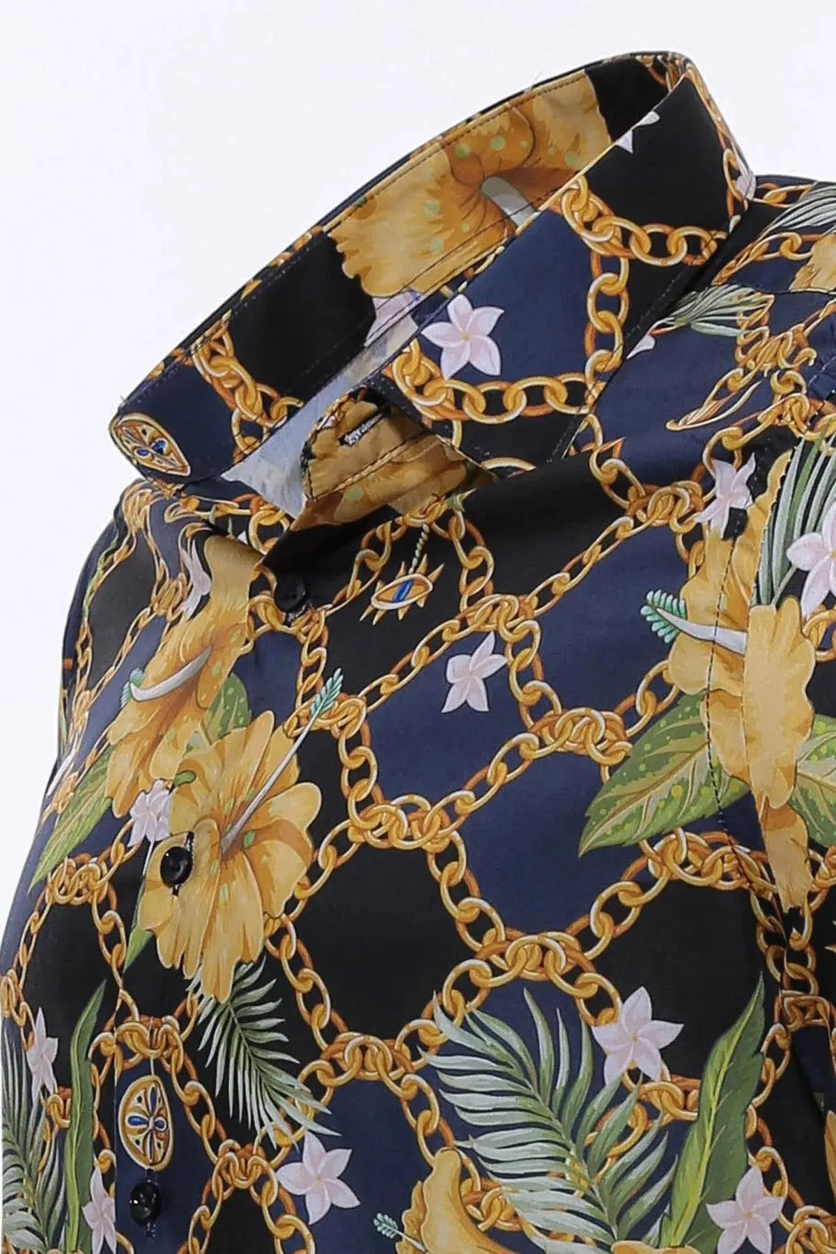 Colorful Floral Patterned Slim Fit Long Sleeves Navy Blue Men Shirt - Wessi Wessi