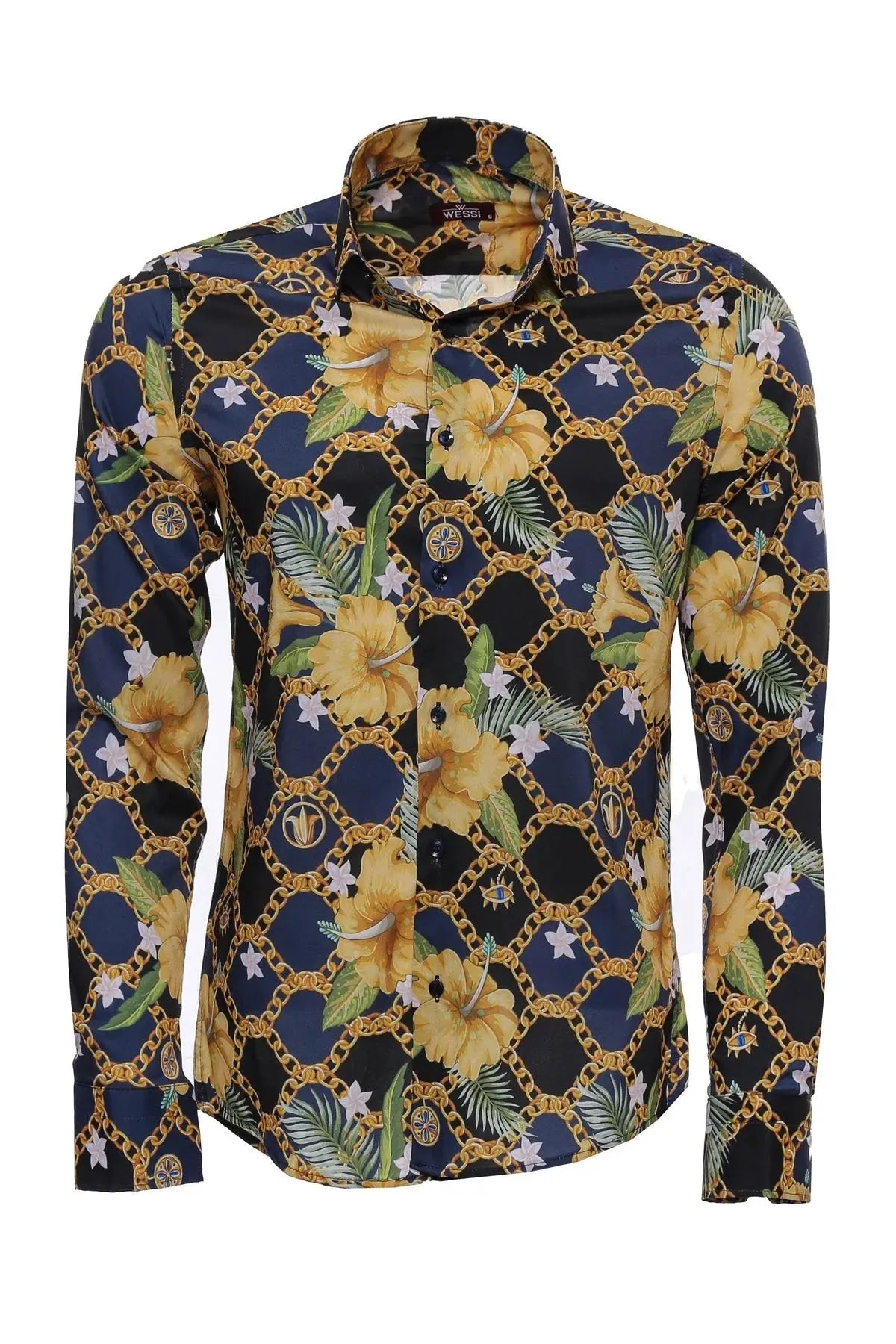 Colorful Floral Patterned Slim Fit Long Sleeves Navy Blue Men Shirt - Wessi Wessi