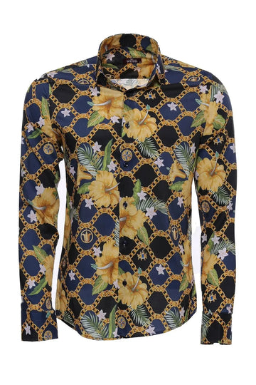 Colorful Floral Patterned Slim Fit Long Sleeves Navy Blue Men Shirt - Wessi Wessi