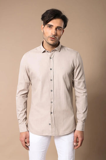 Patterned Cotton Slim Fit Beige Shirt - Wessi Wessi