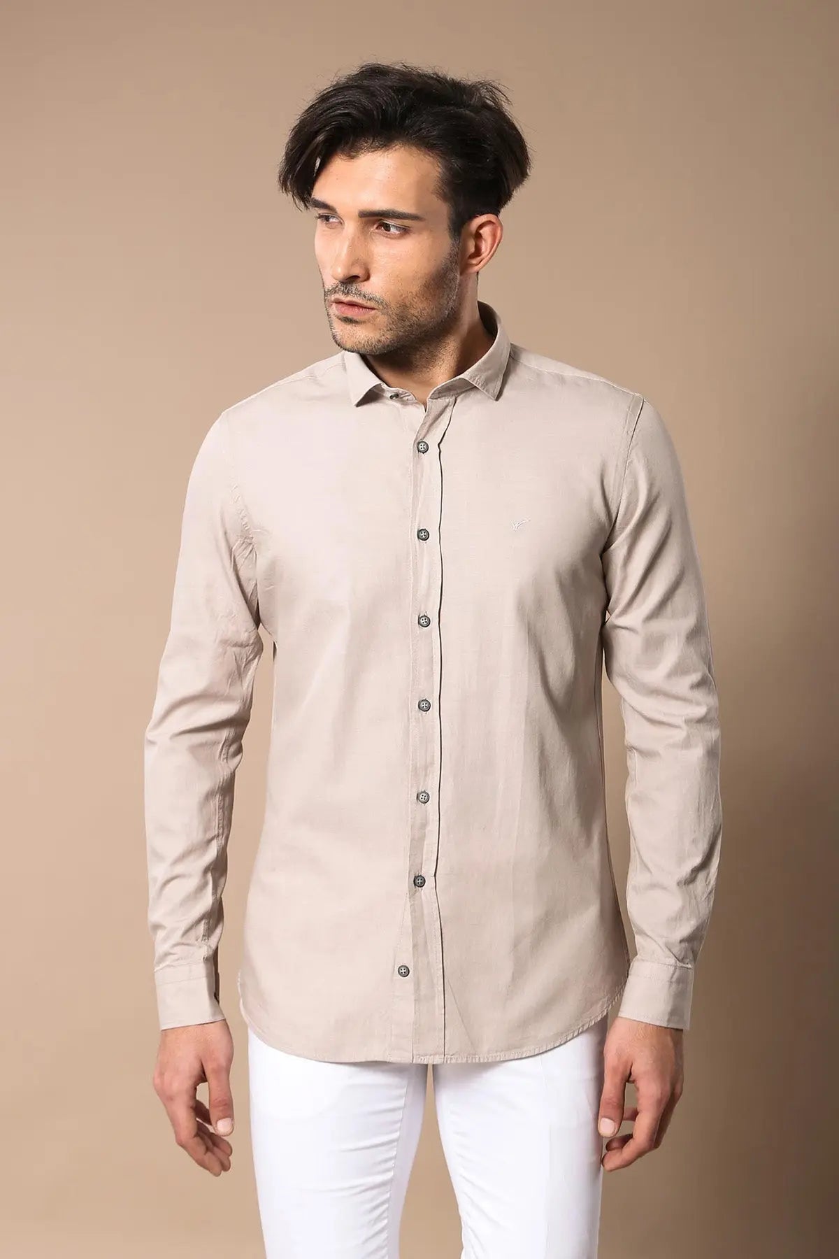 Patterned Cotton Slim Fit Beige Shirt - Wessi Wessi