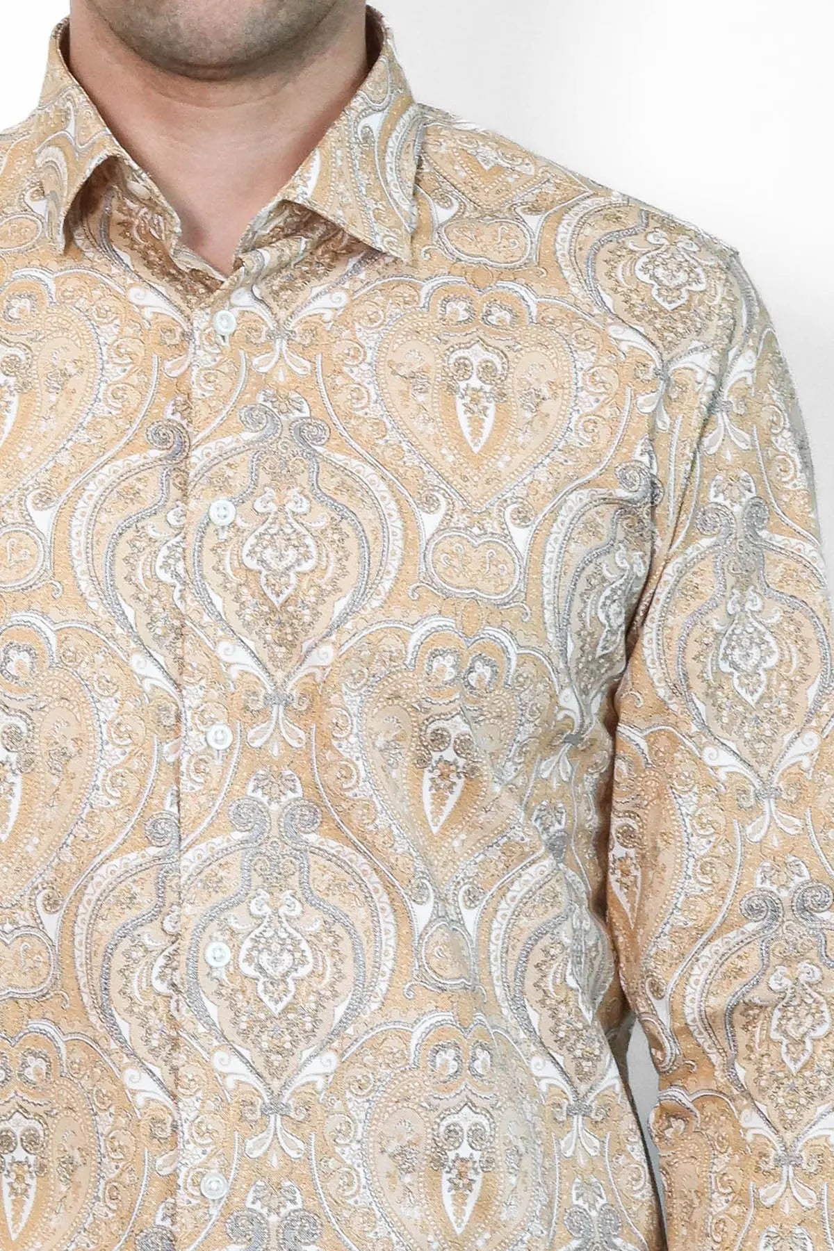 Beige Patterned Slim Fit Men's Shirt - Wessi Wessi