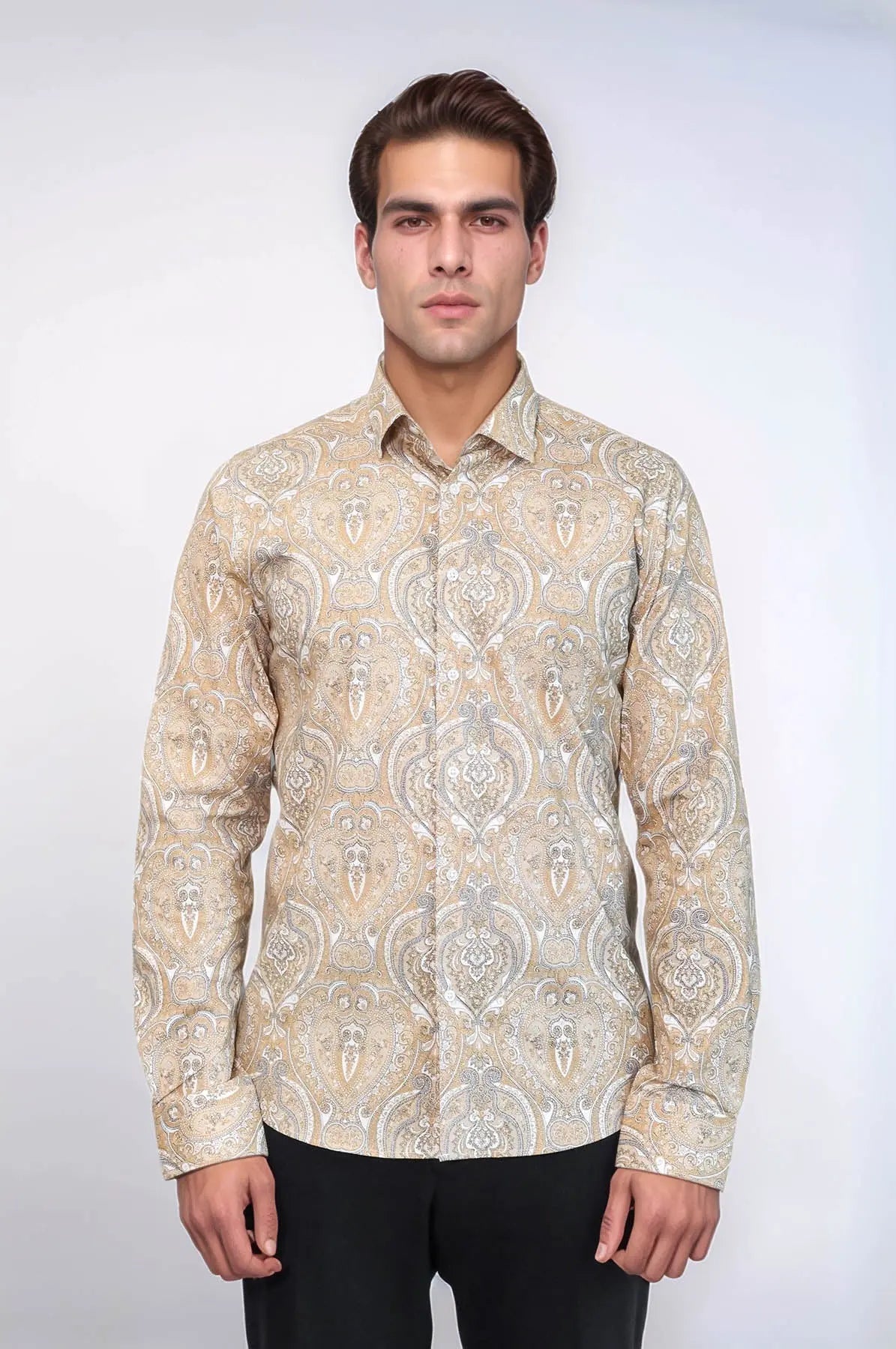Beige Patterned Slim Fit Men's Shirt - Wessi Wessi