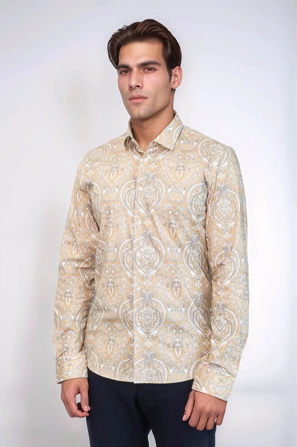 Beige Patterned Slim Fit Men's Shirt - Wessi Wessi