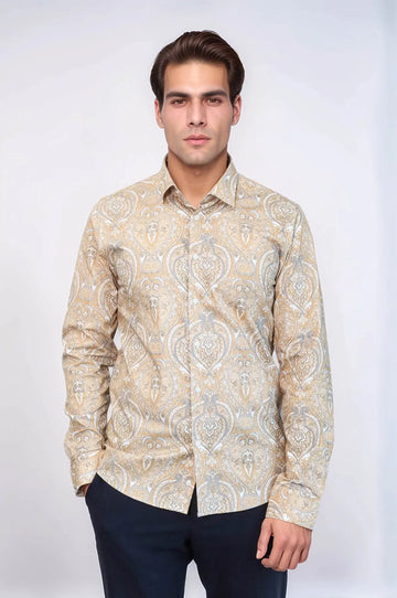 Beige Patterned Slim Fit Men's Shirt - Wessi Wessi