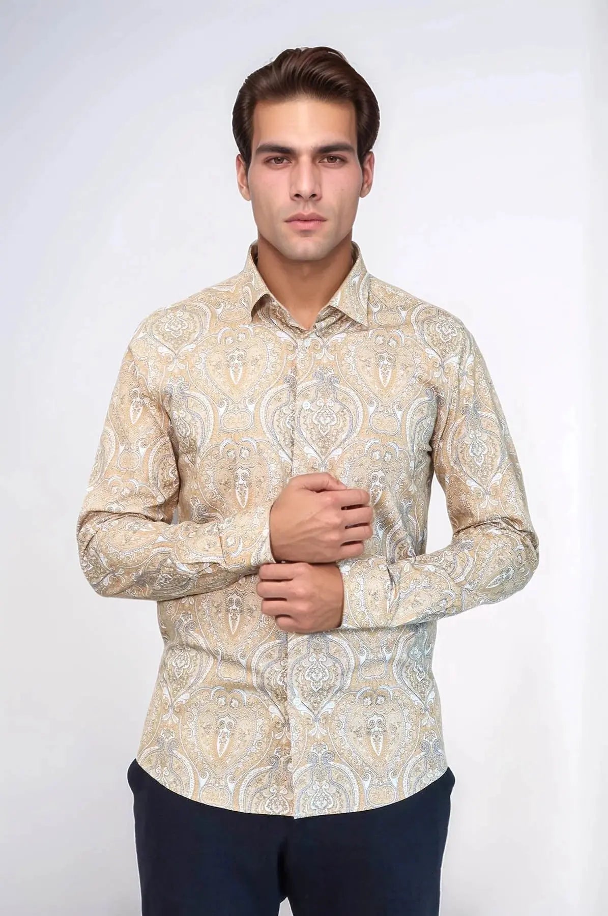 Beige Patterned Slim Fit Men's Shirt - Wessi Wessi