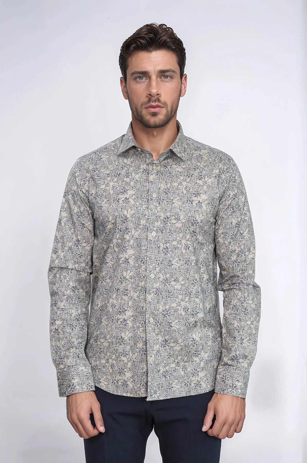 Bloom Patterned Beige Slim Fit Shirt - Wessi Wessi