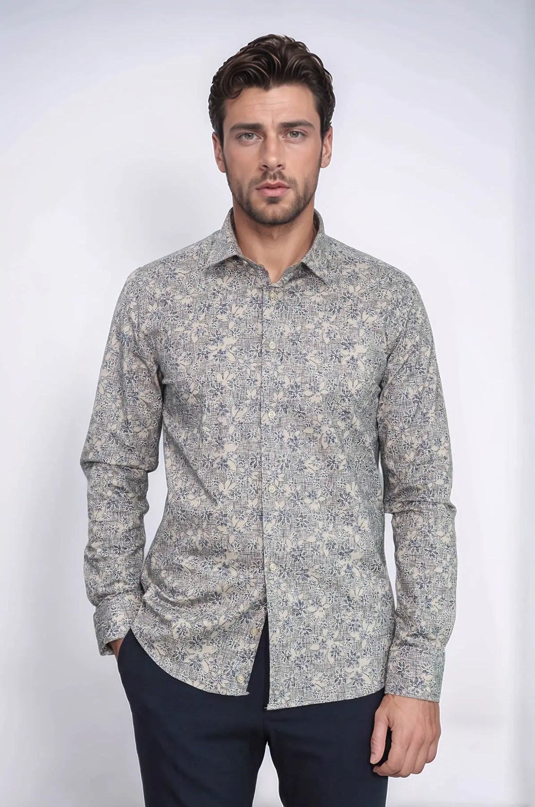 Bloom Patterned Beige Slim Fit Shirt - Wessi Wessi