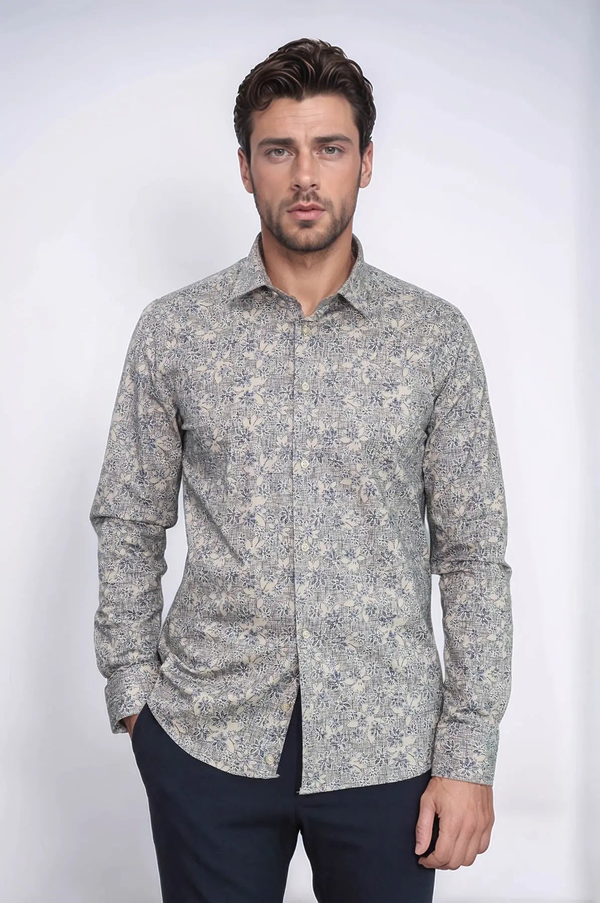 Bloom Patterned Beige Slim Fit Shirt - Wessi Wessi
