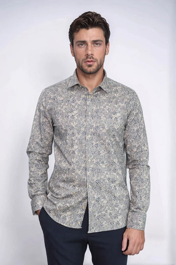 Bloom Patterned Beige Slim Fit Shirt - Wessi Wessi