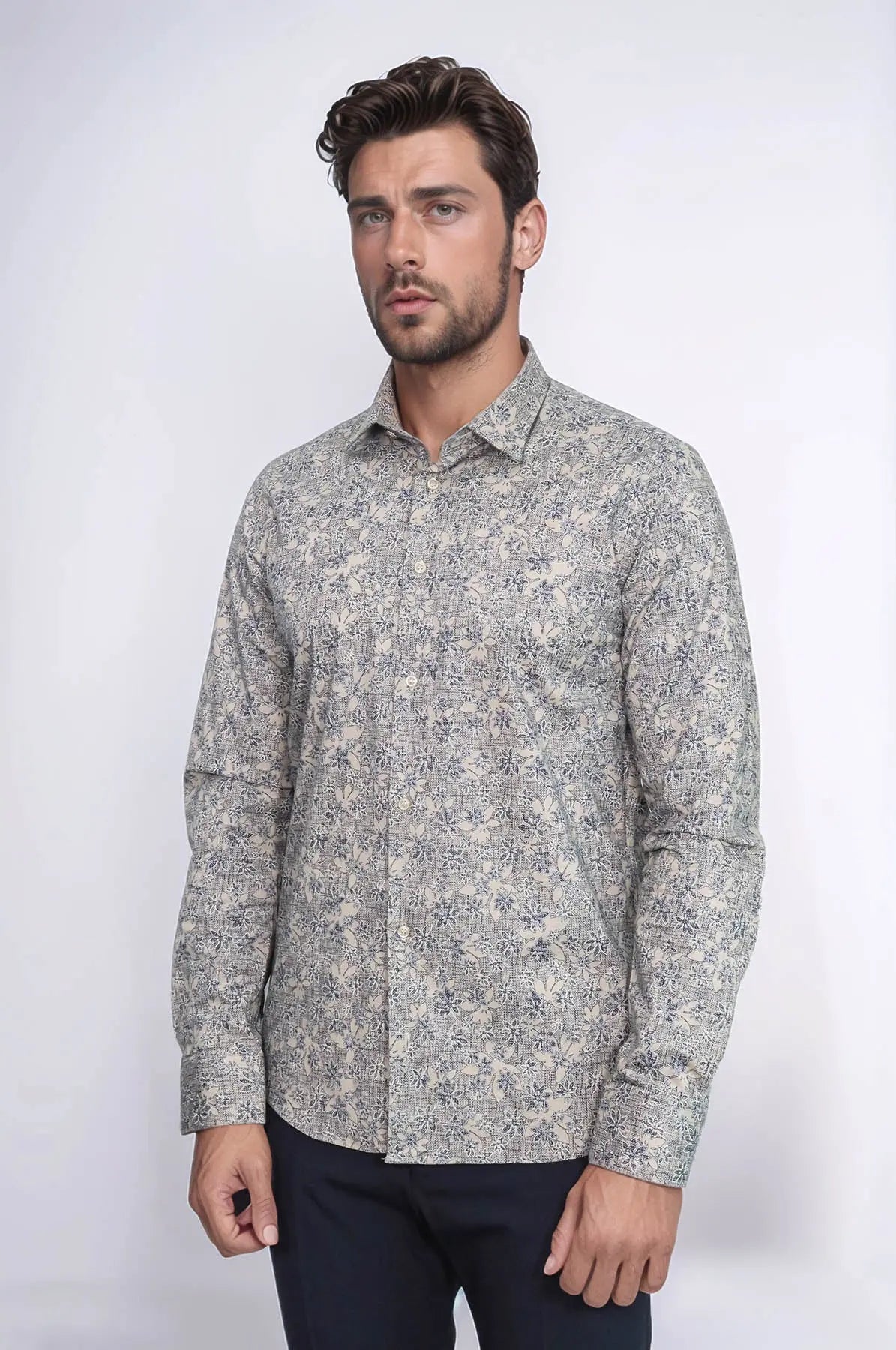 Bloom Patterned Beige Slim Fit Shirt - Wessi Wessi