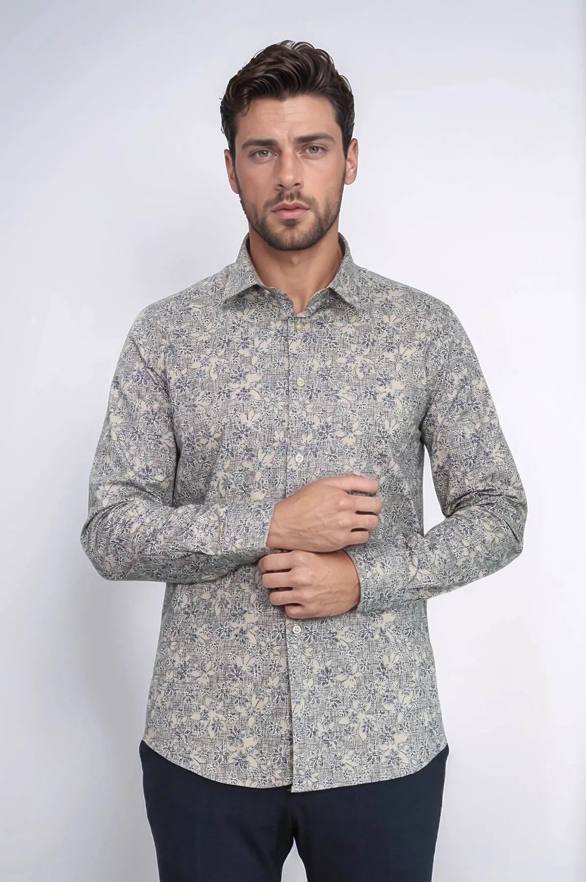 Bloom Patterned Beige Slim Fit Shirt - Wessi Wessi