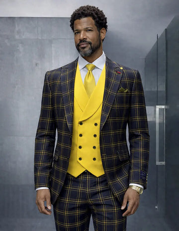 Statement Greta Black/Yellow Super 200's Italian Wool/Cashmere Vested Suit