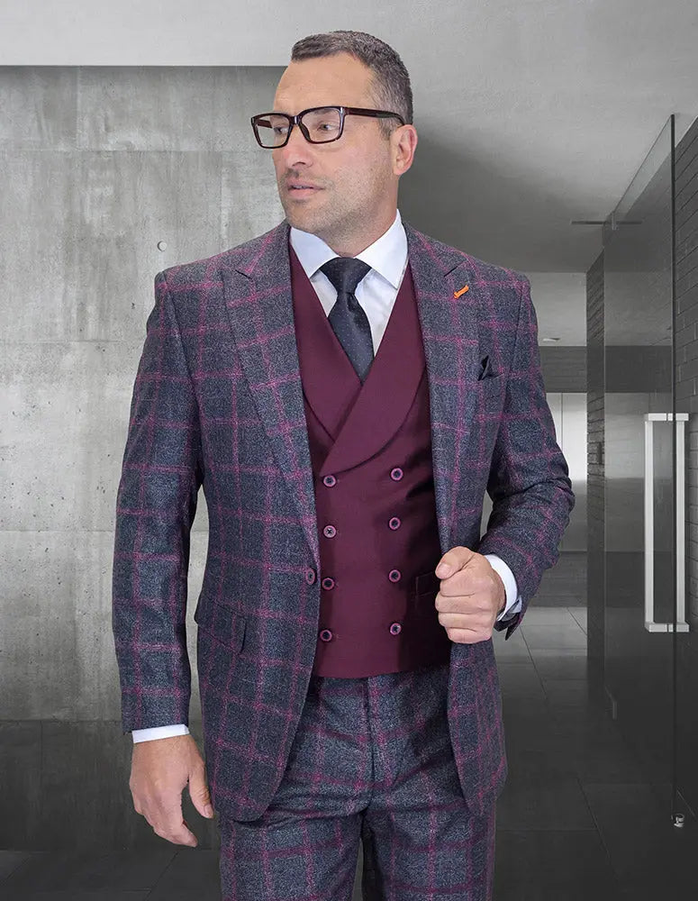 Statement Hartford Black/Burgundy Super 200's Italian Wool Vested Suit