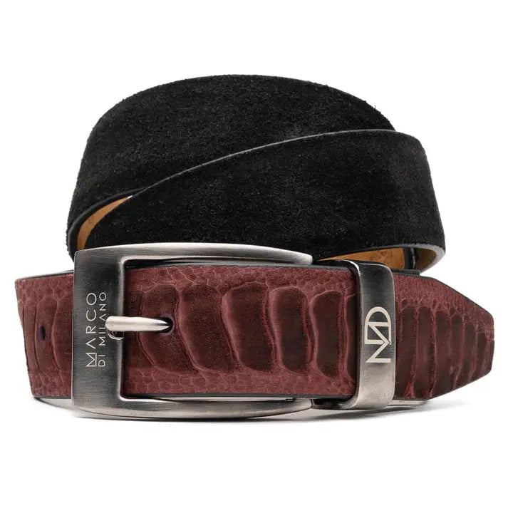 Marco Di Milano Hugo Wine/Black Genuine Ostrich Leg/Suede Belt - Suit Essence
