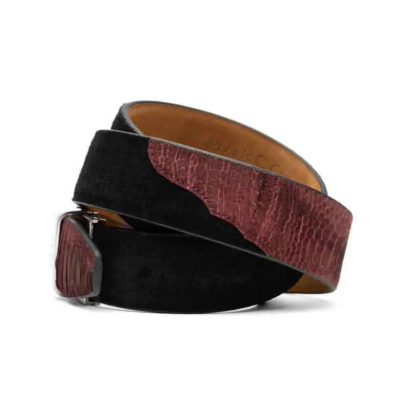 Marco Di Milano Hugo Wine/Black Genuine Ostrich Leg/Suede Belt - Suit Essence