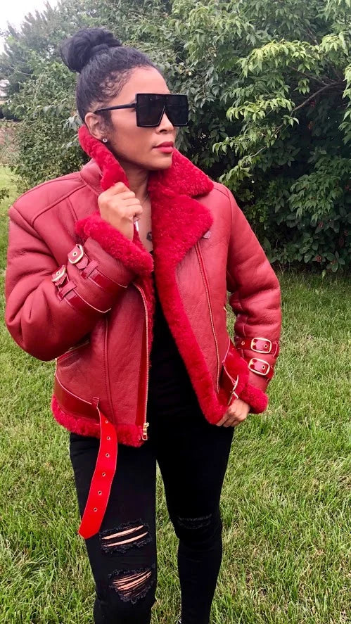 Jakewood 1045 Ladies Red Genuine Sheepskin Leather Biker Jacket