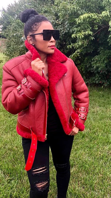 Jakewood 1045 Ladies Red Genuine Sheepskin Leather Biker Jacket