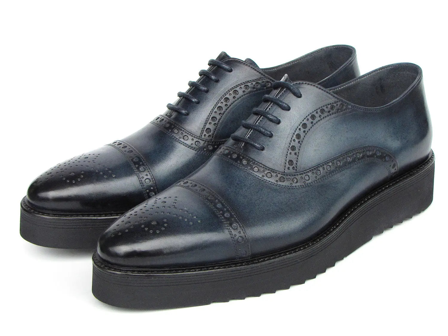 Paul Parkman Men's Navy Smart Casual Genuine Leather Cap Toe Oxfords(ID#285-NVY-LTH) PAUL PARKMAN