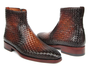 Paul Parkman Brown Burnished Woven Leather Zipper Boots (ID#BT269BRW)