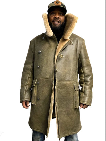 Jakewood 6110 Olive Green Genuine Sheepskin Double-Breasted Trench Coat