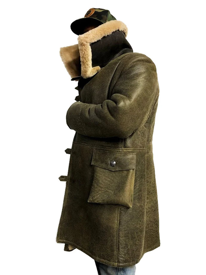 Jakewood 6110 Olive Green Genuine Sheepskin Double-Breasted Trench Coat