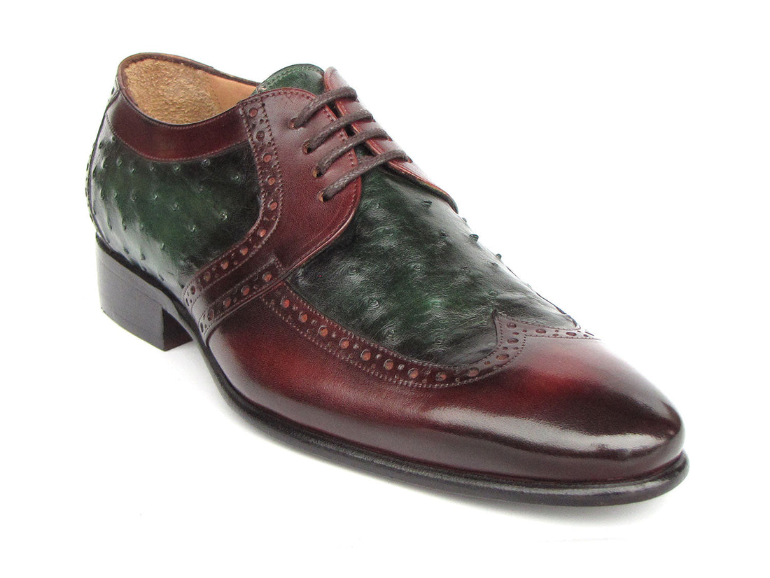 Paul Parkman Men's Green Ostrich & Brown Leather Derby Shoes (ID#956GB57) PAUL PARKMAN