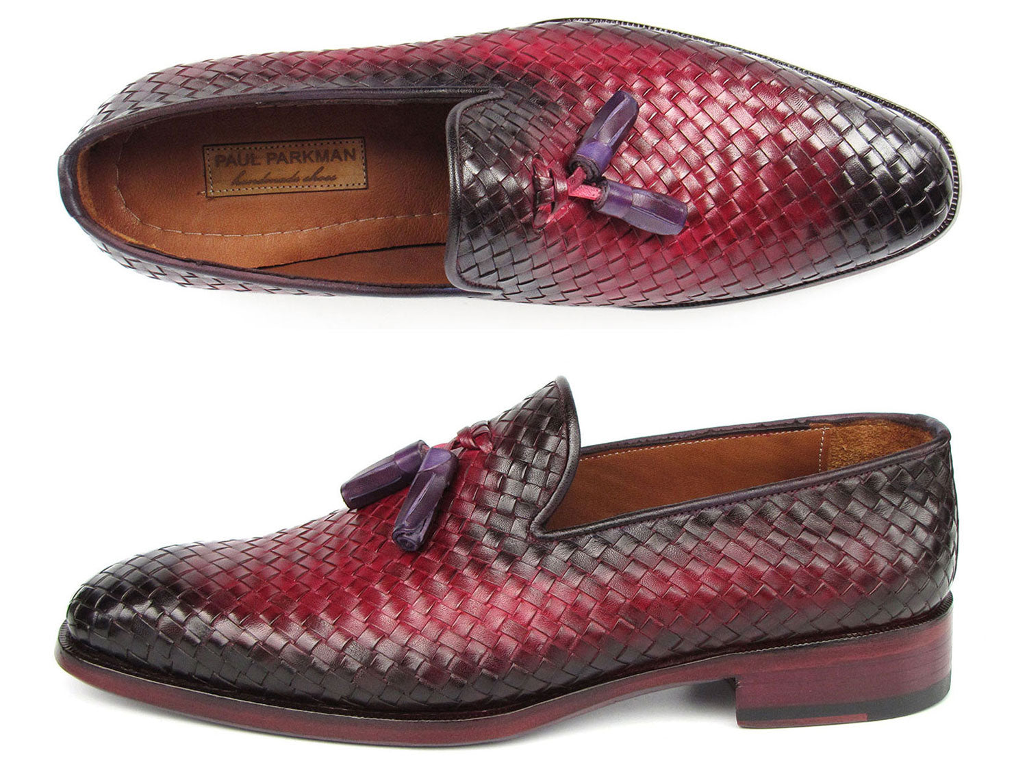 Paul Parkman Men's Woven Leather Tassel Loafers Burgundy (ID#WVN88-BUR)