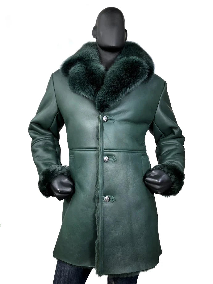Jakewood 7400 Green Genuine Sheepskin Shearling/Fox Fur Collar Long Trench Coat