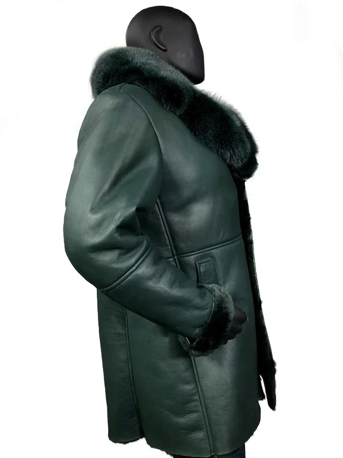 Jakewood 7400 Green Genuine Sheepskin Shearling/Fox Fur Collar Long Trench Coat
