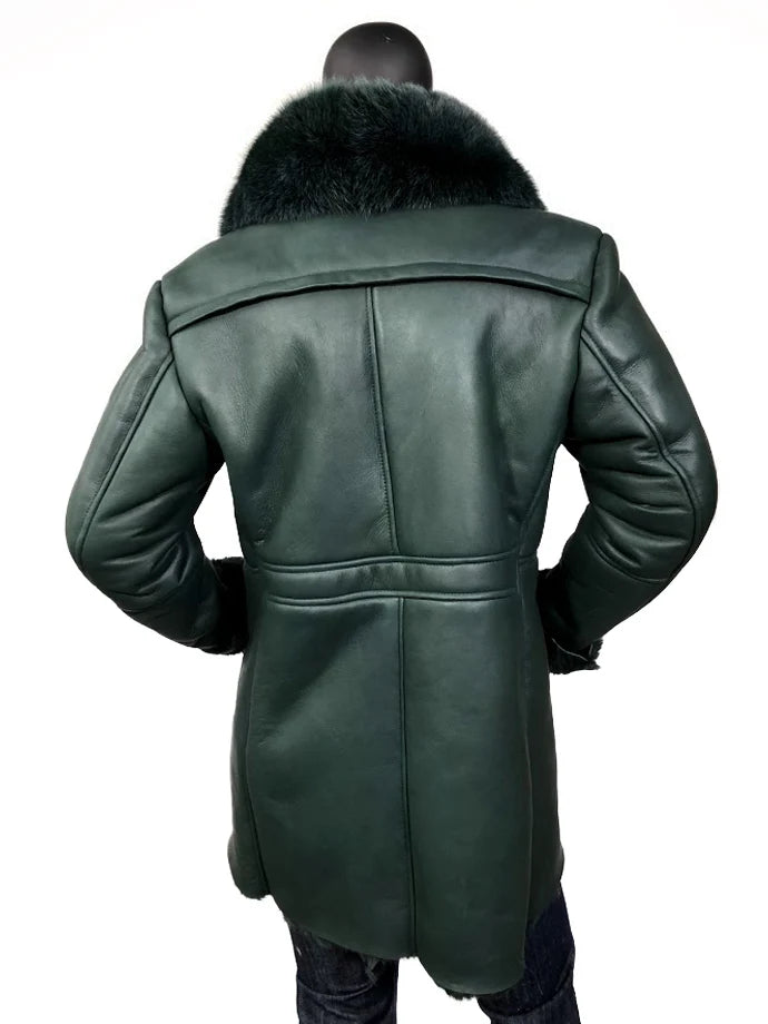 Jakewood 7400 Green Genuine Sheepskin Shearling/Fox Fur Collar Long Trench Coat