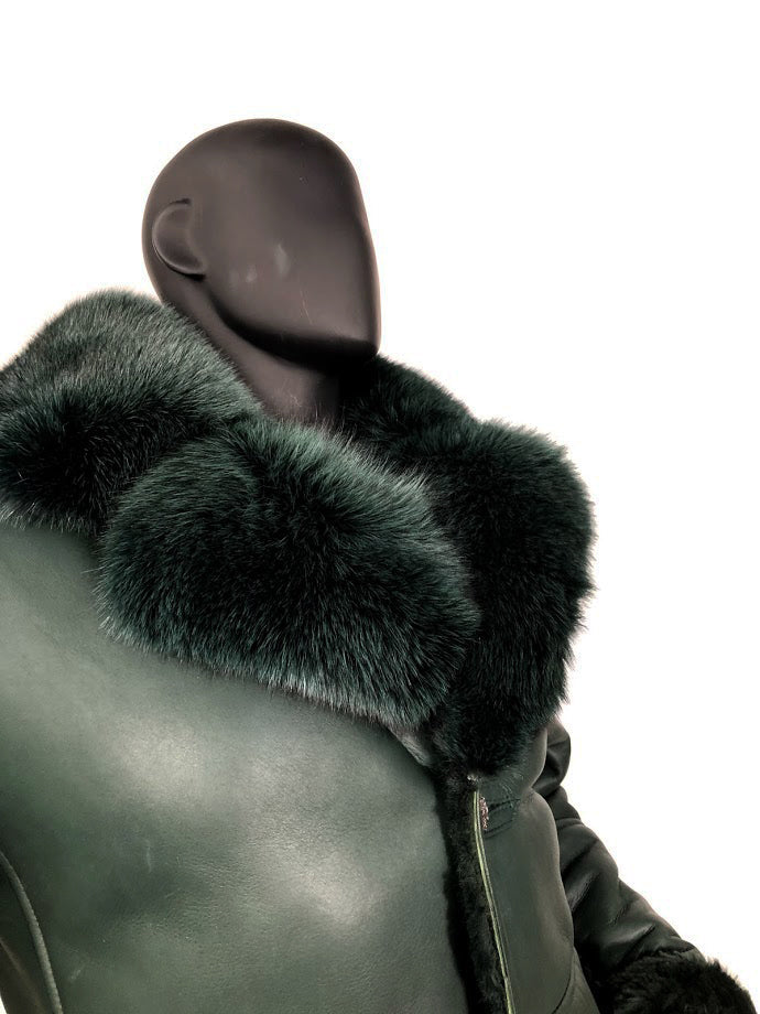 Jakewood 7400 Green Genuine Sheepskin Shearling/Fox Fur Collar Long Trench Coat