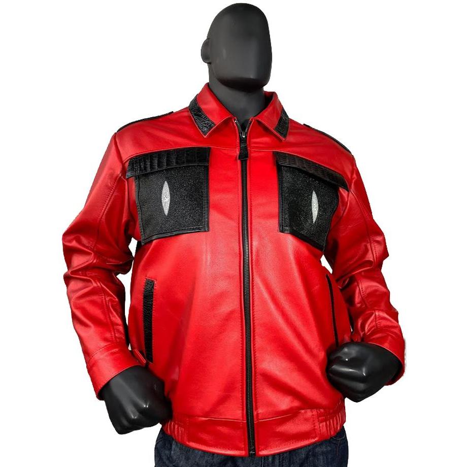 Jakewood 2055 Red Genuine Lambskin Leather Bomber Jacket With Stingray/Alligator Trimming