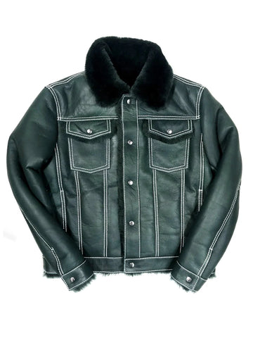 Jakewood 3610 Green Genuine Sheepskin Leather Denim Style Jacket