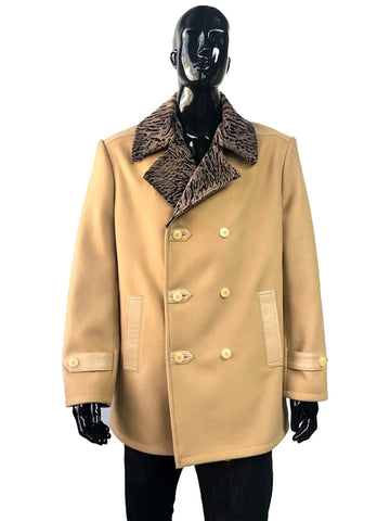 Jakewood 2090 Tan Genuine Wool/Lamb Fur Collar Double-Breasted Peacoat