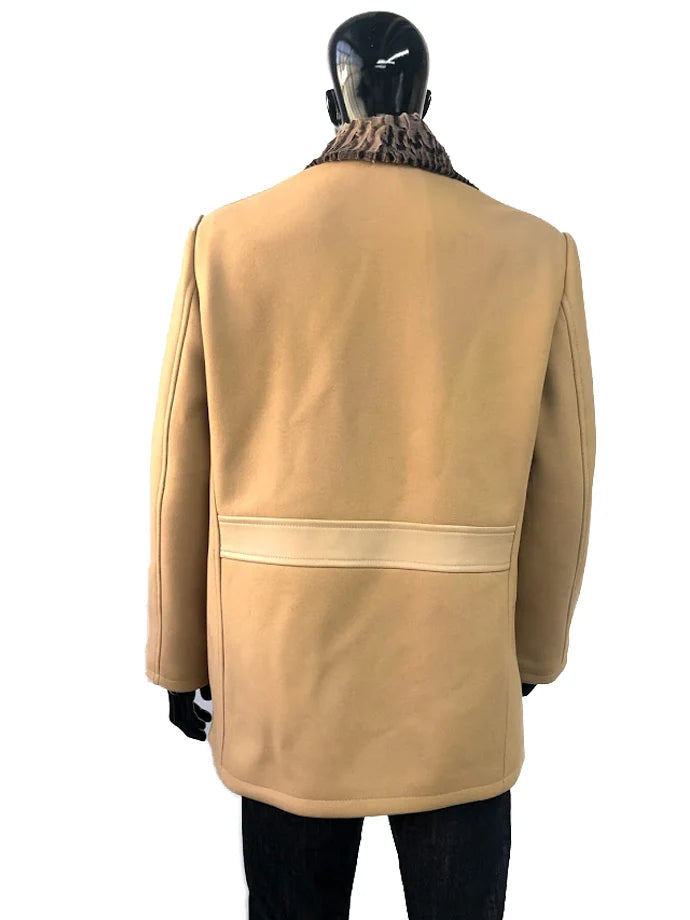 Jakewood 2090 Tan Genuine Wool/Lamb Fur Collar Double-Breasted Peacoat