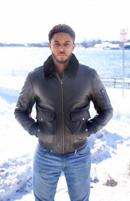 Jakewood 2800 Black Genuine Lambskin/Nappa Leather Aviator Bomber Jacket