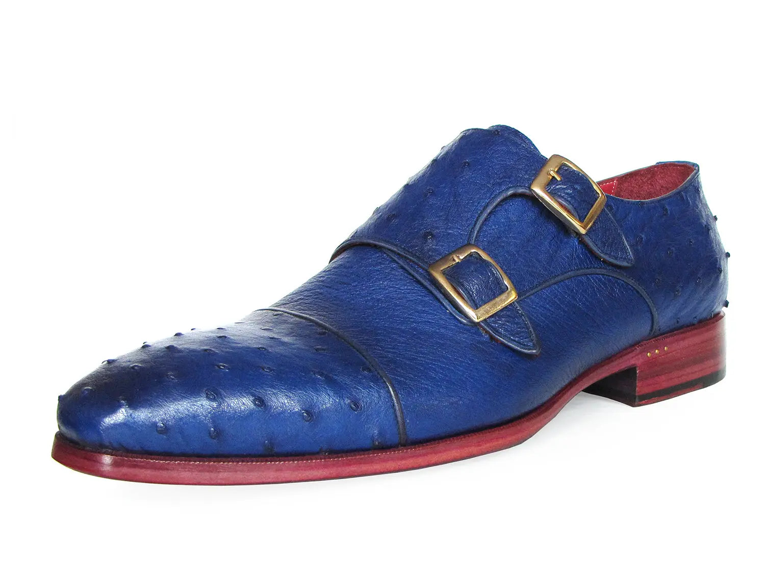 Paul Parkman Men's Sax Blue Genuine Ostrich Double Monk Strap Shoes (ID#37U33) PAUL PARKMAN