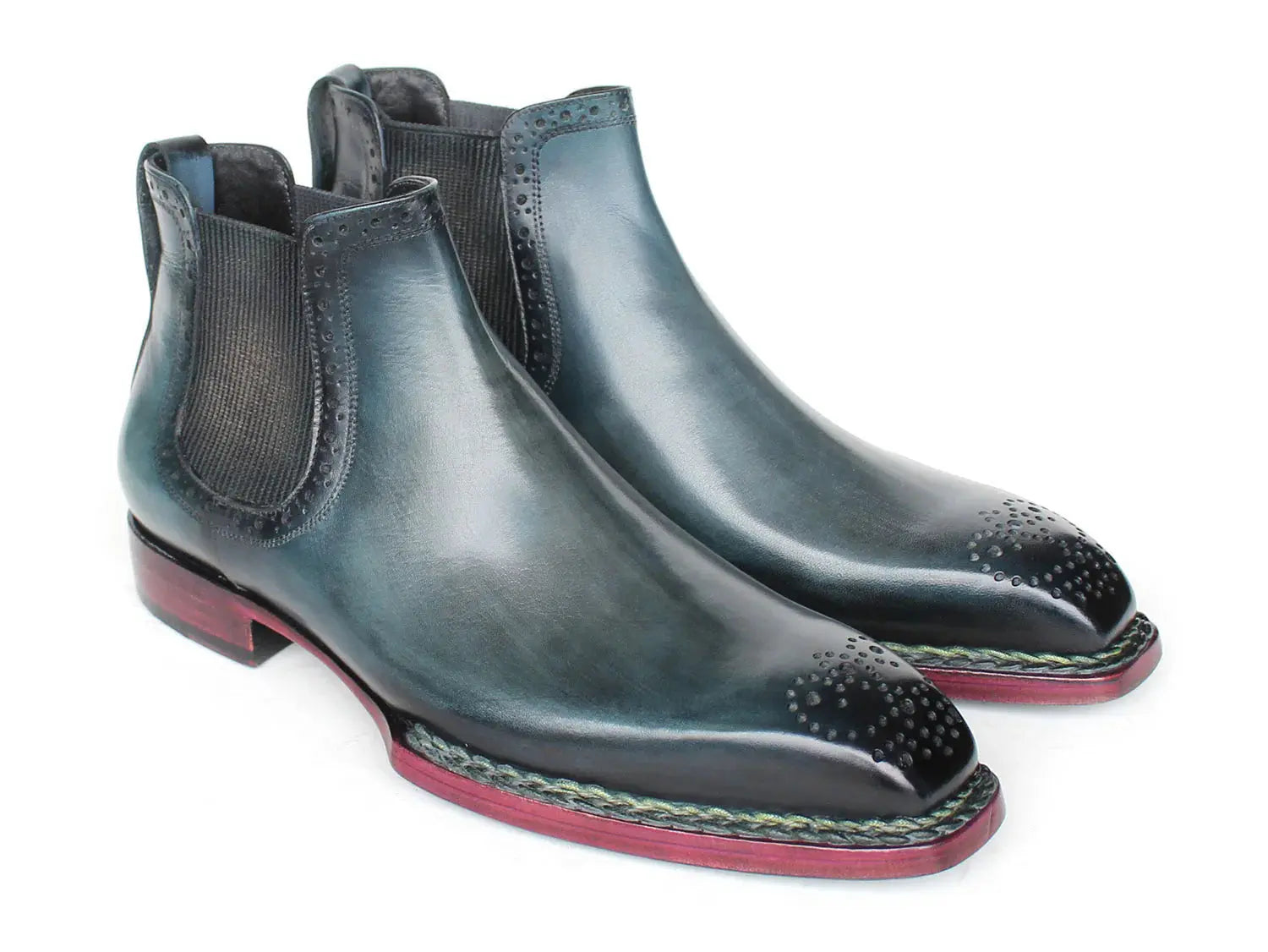 Paul Parkman Men's Blue Burnished Genuine Leather Norwegian Welted Chelsea Ankle Boots (ID#8847-BLU)