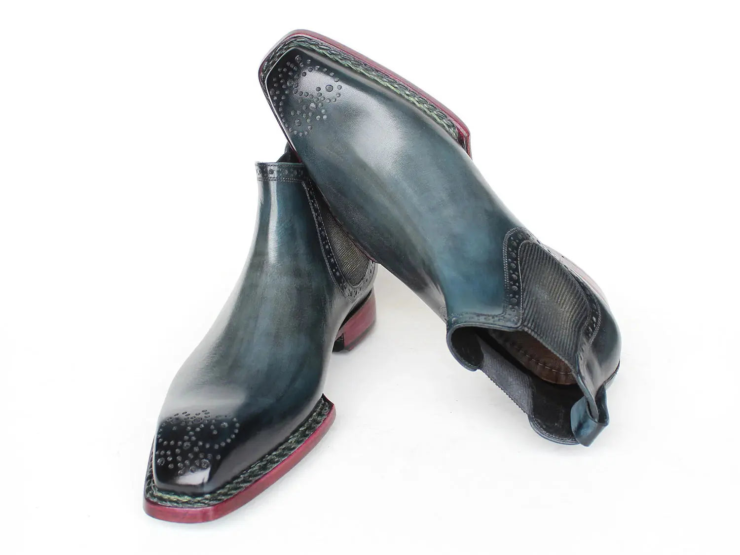 Paul Parkman Men's Blue Burnished Genuine Leather Norwegian Welted Chelsea Ankle Boots (ID#8847-BLU)