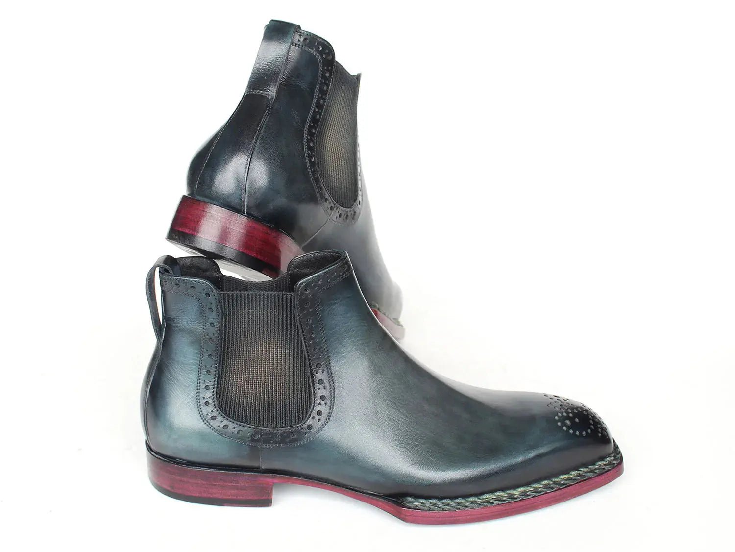 Paul Parkman Men's Blue Burnished Genuine Leather Norwegian Welted Chelsea Ankle Boots (ID#8847-BLU)