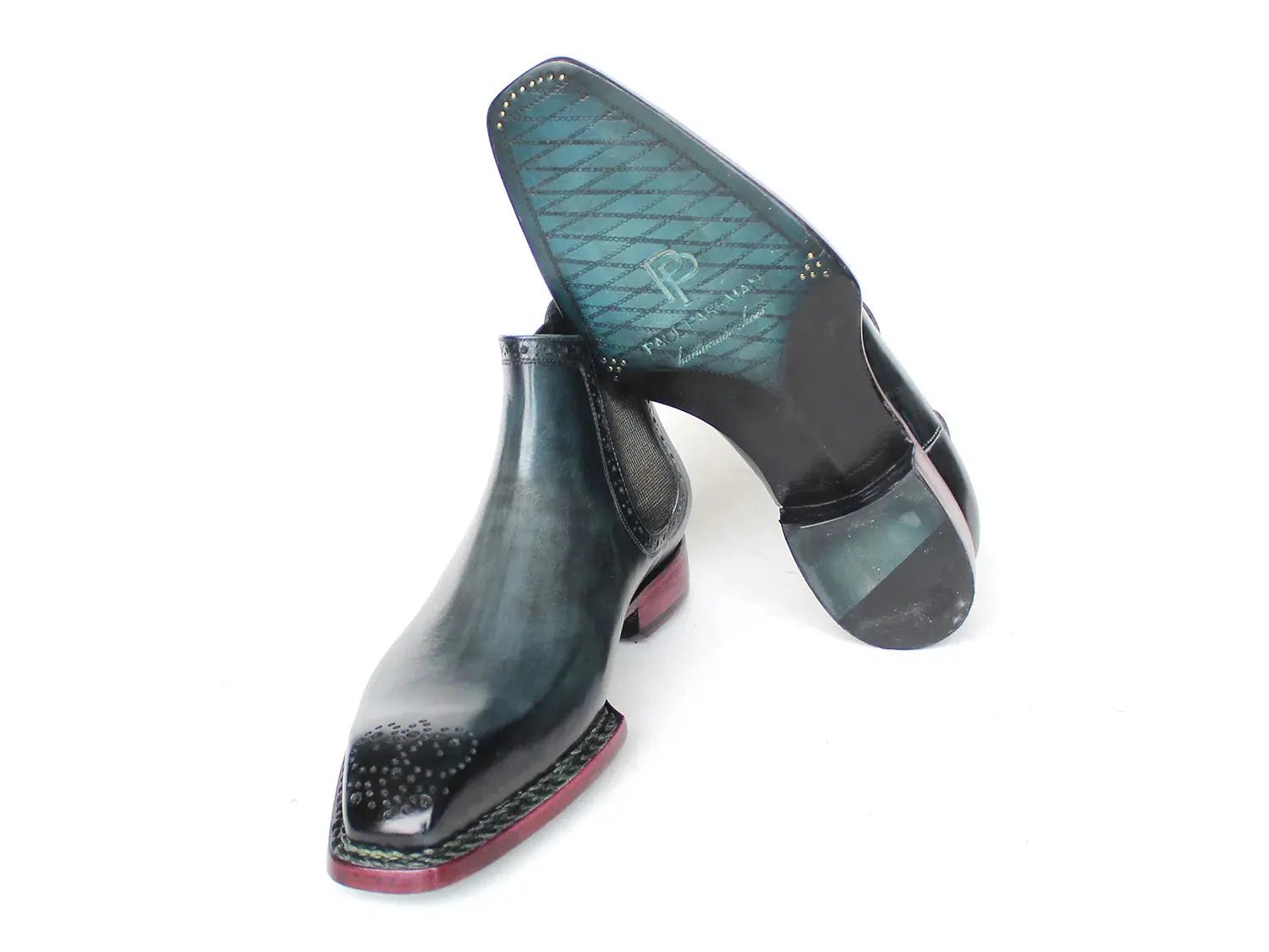 Paul Parkman Men's Blue Burnished Genuine Leather Norwegian Welted Chelsea Ankle Boots (ID#8847-BLU)