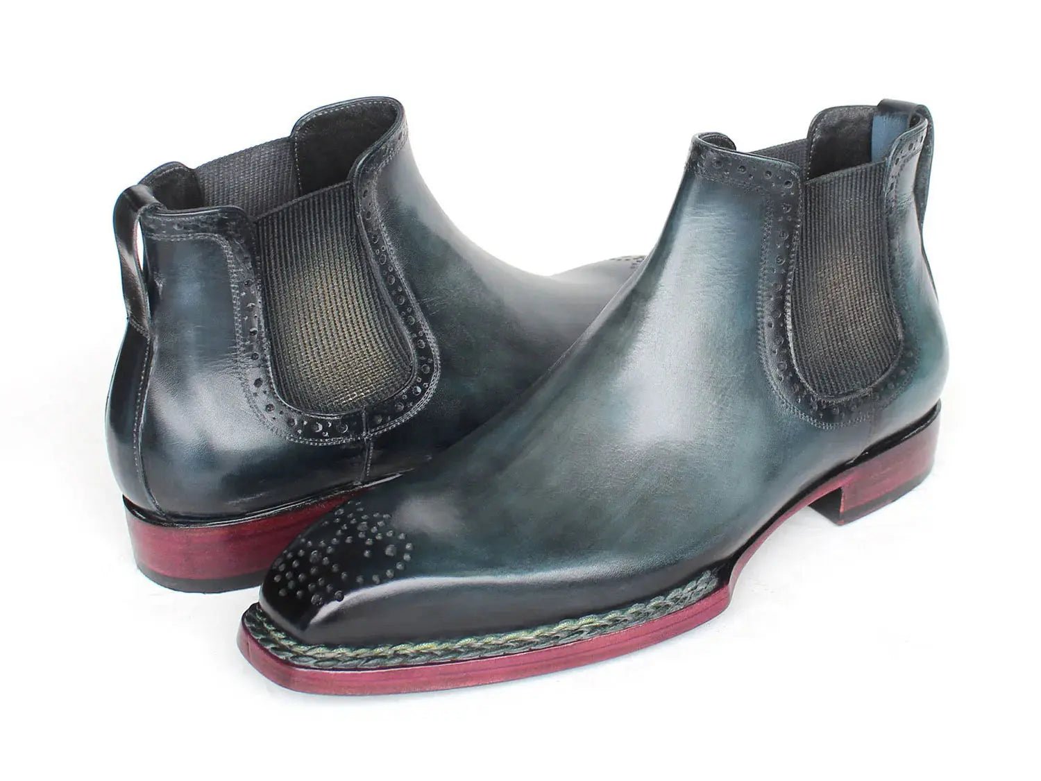 Paul Parkman Men's Blue Burnished Genuine Leather Norwegian Welted Chelsea Ankle Boots (ID#8847-BLU)