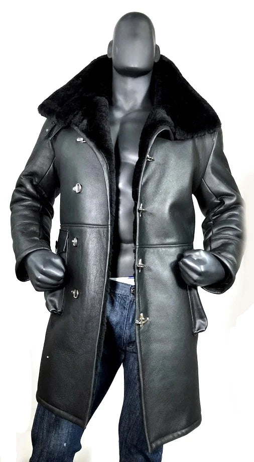 Jakewood 6110 Black Genuine Sheepskin Double-Breasted Trench Coat