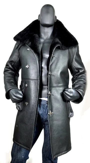 Jakewood 6110 Black Genuine Sheepskin Double-Breasted Trench Coat