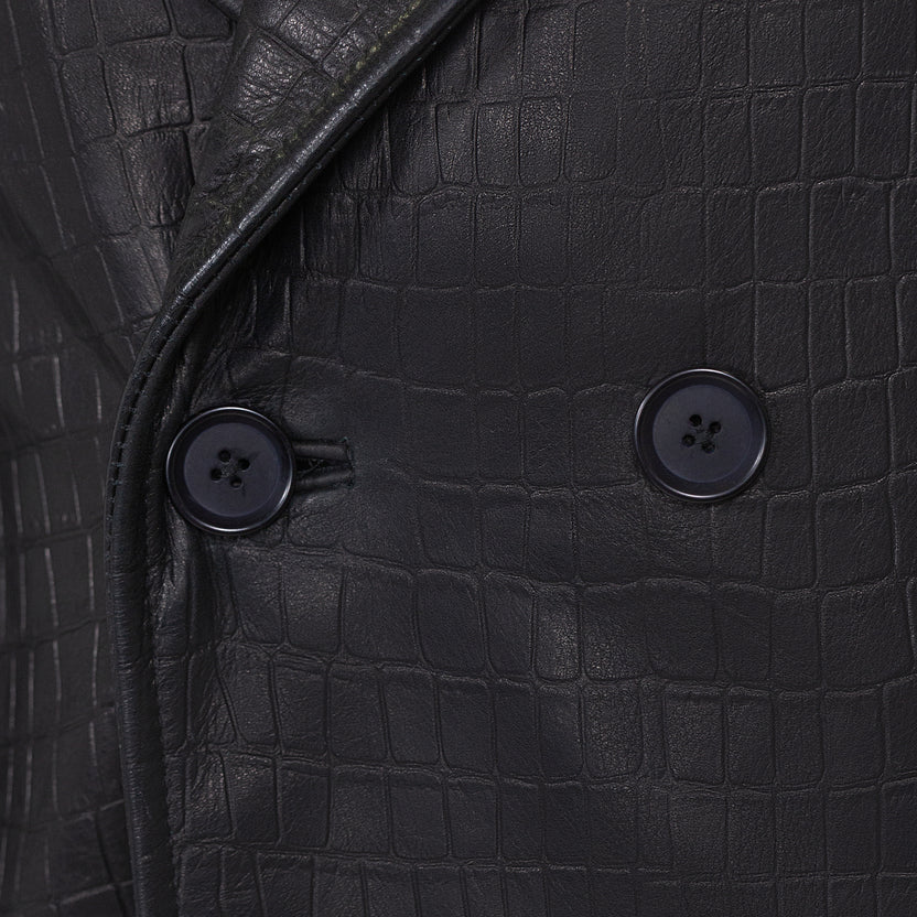 Jakewood 3130 Black Genuine Xman Double Breasted Embossed Leather Coat
