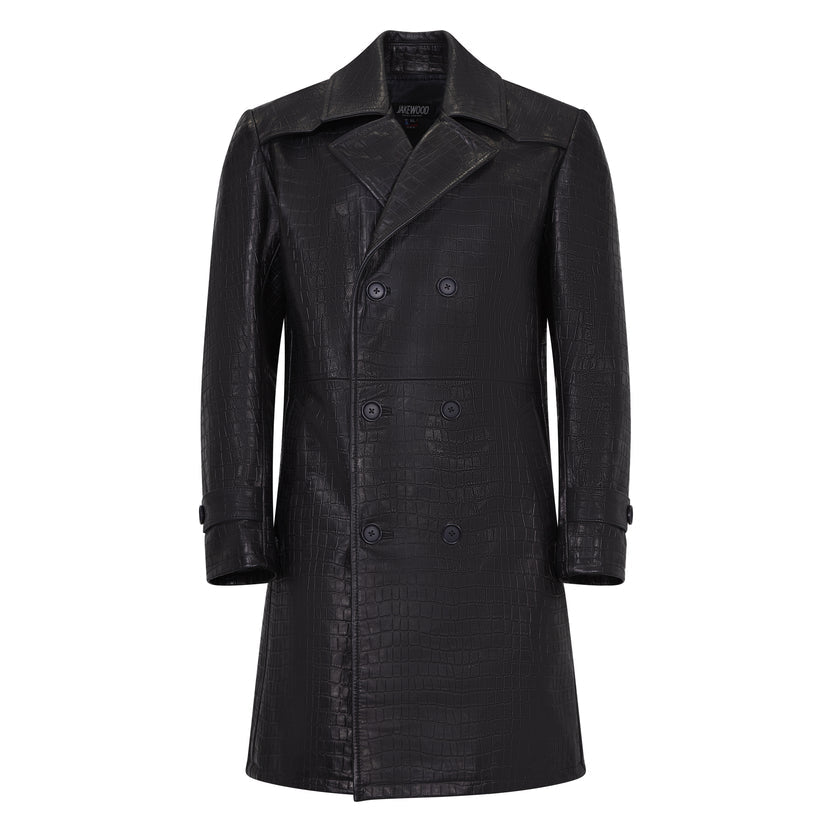 Jakewood 3130 Black Genuine Xman Double Breasted Embossed Leather Coat